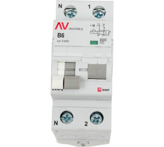 Дифференциальный автомат EKF AVERES DVA-6, 1P+N, 6А, B, 30мА, AC, 6кА rcbo6-1pn-6B-30-ac-av