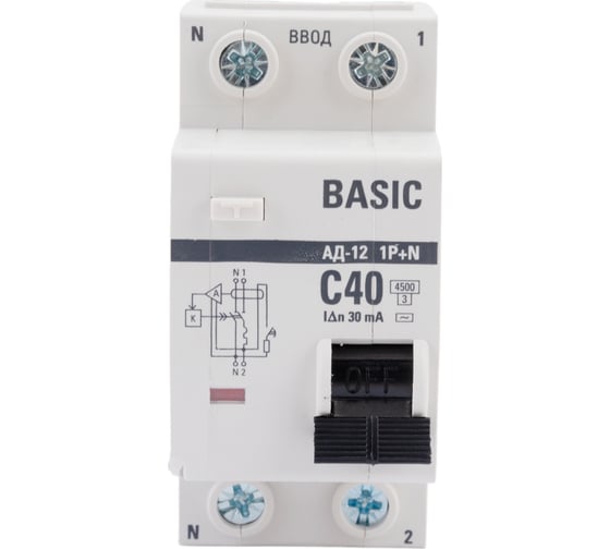 Дифференциальный автомат EKF Basic АД-12, 1P+N, 40А, 30мА, тип АС, характеристика C, электронный, 4,5кА DA12-40-30-bas