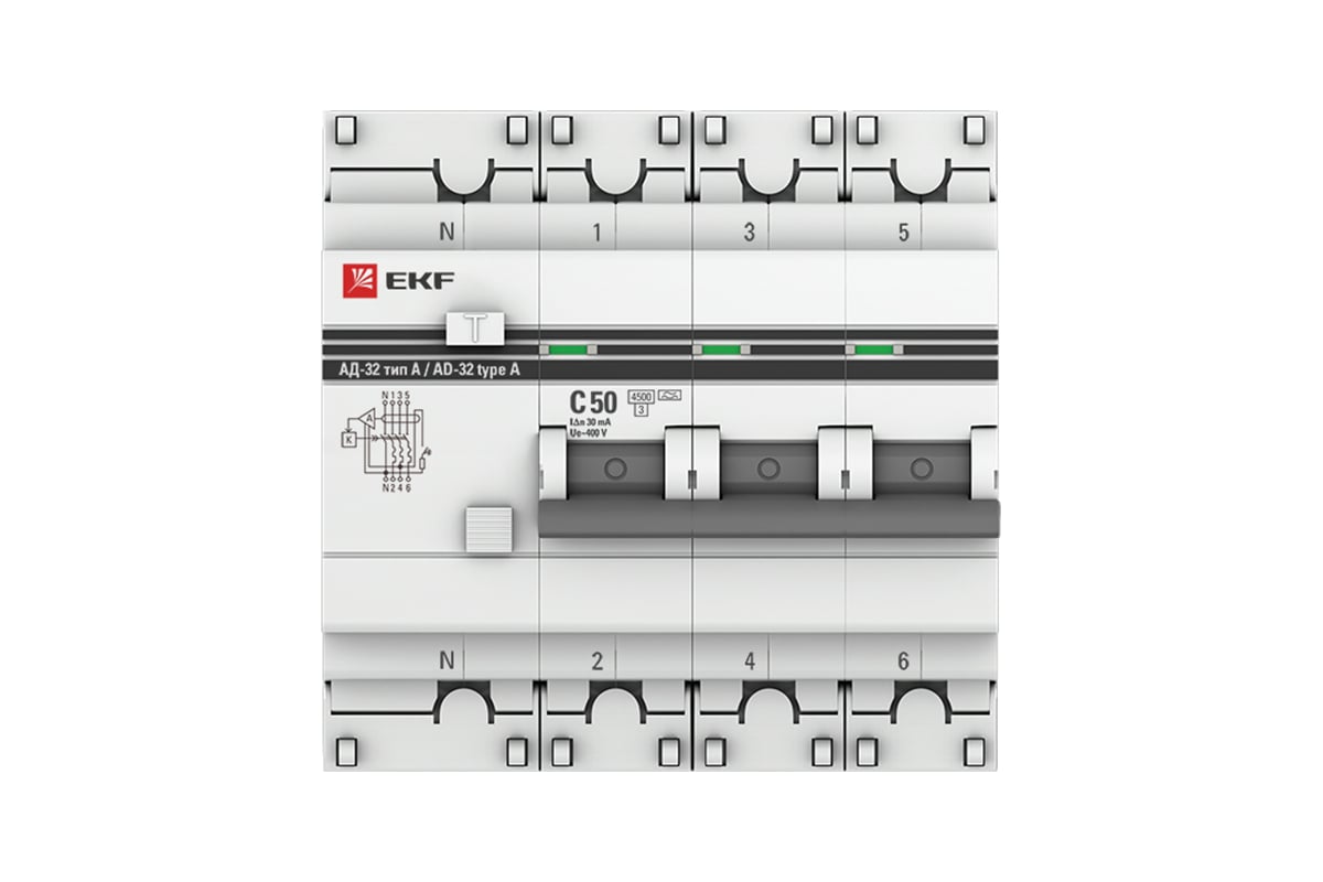 Дифференциальный автомат EKF АД-32 3P+N 50А/30мА (тип А) PROxima  DA32-50-30-4P-a-pro - выгодная цена, отзывы, характеристики, 1 видео, фото  - купить в Москве и РФ