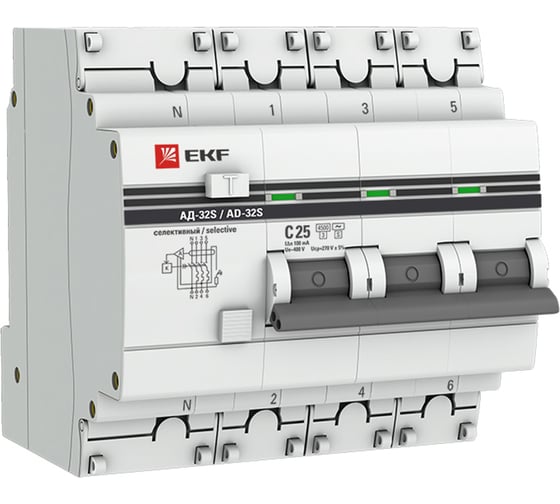 Дифференциальный автомат EKF АД-32 (селективный) 3P+N 25А/100мА PROxima DA32-25-100S-4P-pro 16126402