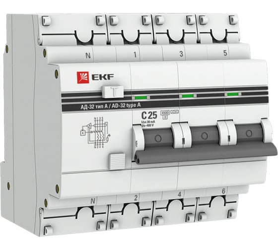 Дифференциальный автомат EKF PROxima АД-32, 3P+N, 25А/30мА DA32-25-30-4P-a-pro