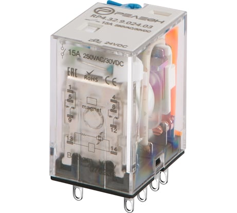 Промежуточное реле с магнитным гашением дуги РЕЛЕОН 2 переключающих контакта 15А; 24В DC RP432902403