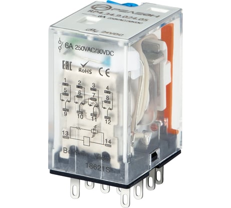 Помежуточное реле РЕЛЕОН П4 CO конт. 6А; 24В DC; блок. кнопка проверки + LED + диод (+ A1); RP434902409