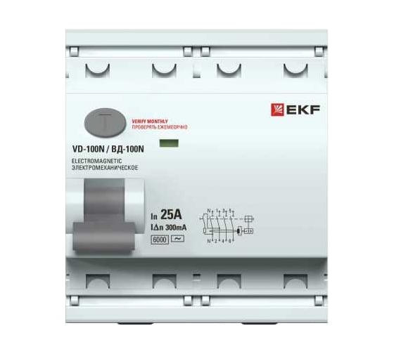 Выключатель дифференциального тока EKF ВД-100N 4P 25А 300мА A эл-мех 6кА PROXIMA E1046MA25300