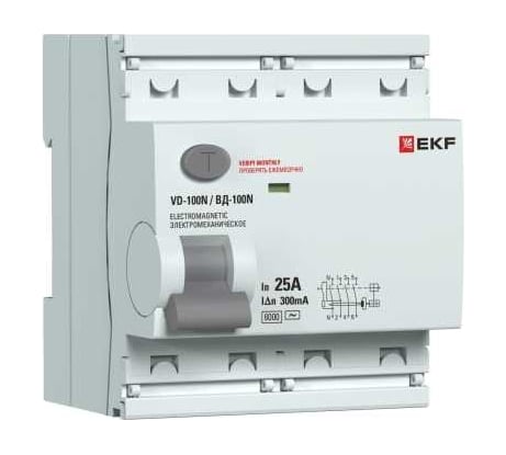 Выключатель дифференциального тока EKF ВД-100N 4P 25А 300мА тип AC эл-мех 6кА PROXIMA E1046M25300