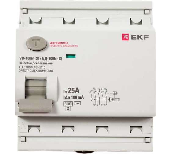 Выключатель дифференциального тока EKF ВД-100N (S) 4P 25А 100мА AC эл-мех 6кА PROXIMA E1046MS25100