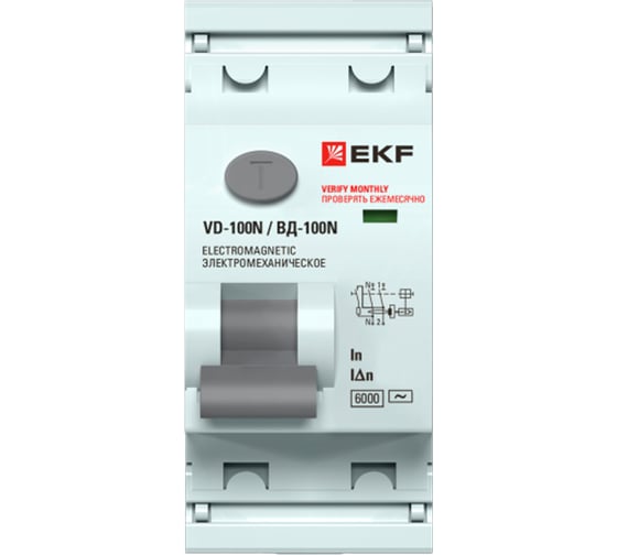 Выключатель дифференциального тока EKF ВД-100N 2P, 80А, 30мА, AC, электромеханический, 6кА PROXIMA E1026M8030