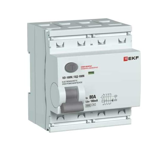 Выключатель дифференциального тока EKF ВД-100N 4P 80А 100мА тип AC эл-мех 6кА PROXIMA E1046M80100