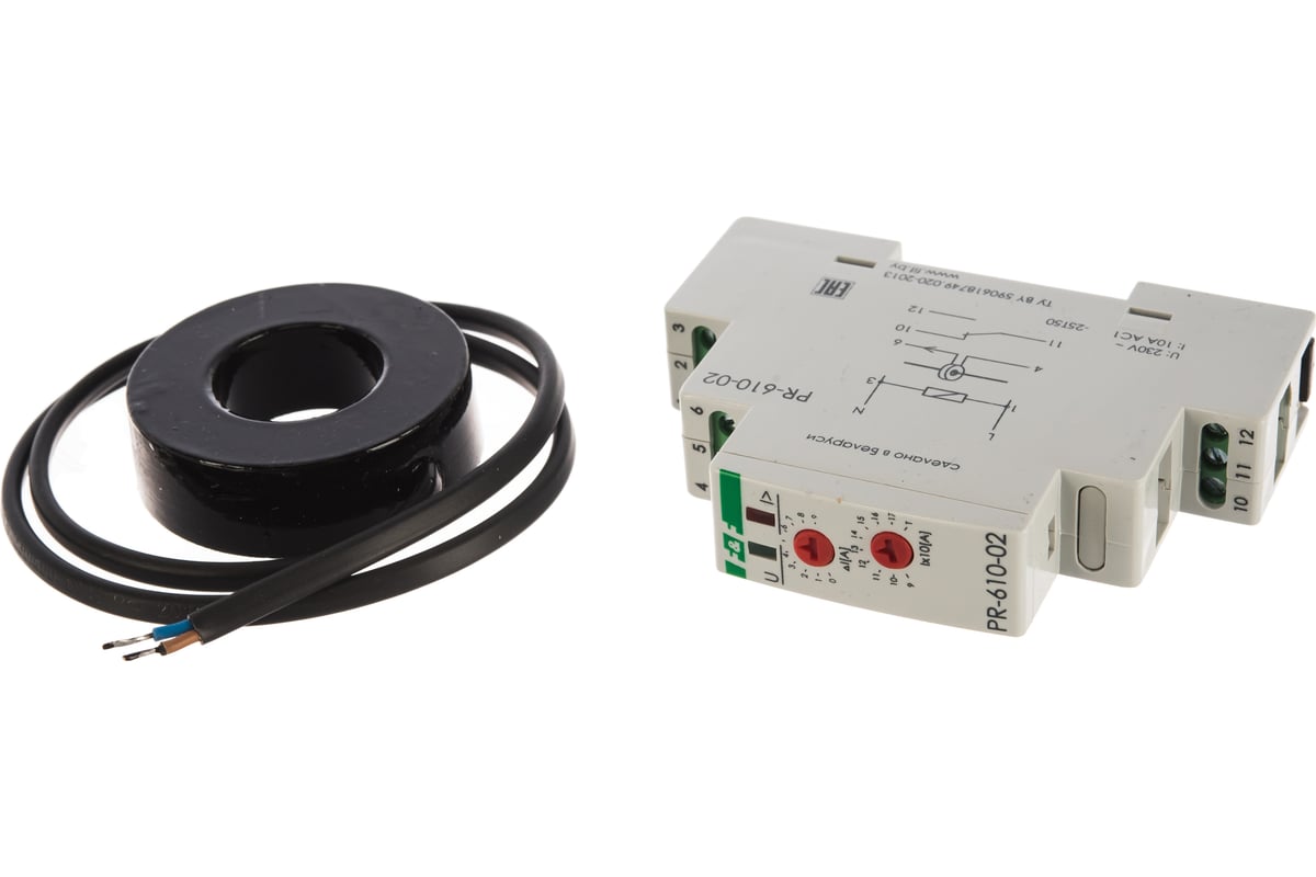 Реле тока F&F PR-610-02, измеряет ток с помощью выносного датчика тока ...