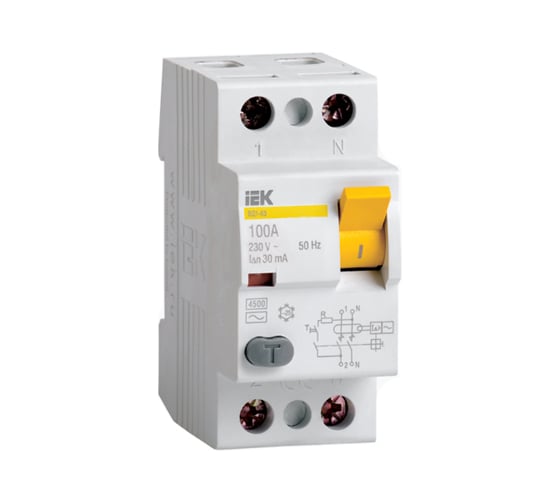 Выключатель дифференциального тока IEK ВД1-63 2п, 100A, 30mA, тип AC, ИЭК MDV10-2-100-030 1