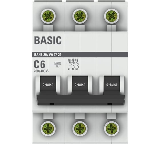 Автоматический выключатель EKF Basic ВА 47-29 3P, 6А, 4,5кА mcb4729-3-06C