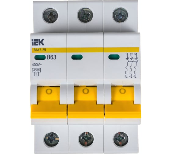 Автоматический модульный выключатель IEK, 3 полюса, B, 63А, ВА47-29, 4.5кА, ИЭК MVA20-3-063-B