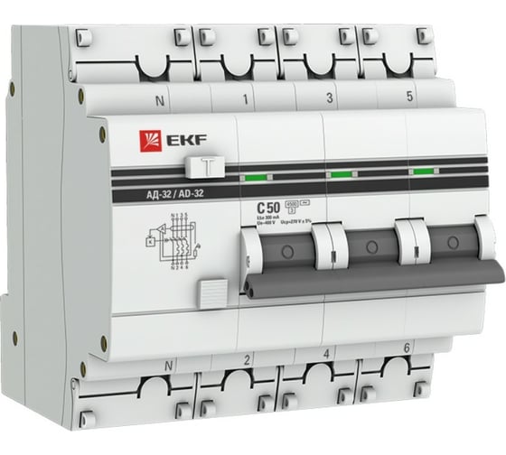 Дифференциальный автомат EKF АД-32 3P+N 50А/300мА 4,5кА PROxima DA32-50-300-4P-pro