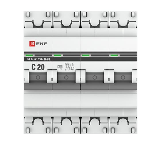 Автоматический выключатель EKF PROxima ВА 47-63 4P, 20А, 4,5kA mcb4763-4-20C-pro