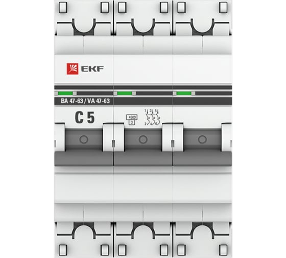 Автоматический выключатель EKF 3P, 5А, 4,5kA, ВА 47-63, PROxima mcb4763-3-05C-pro