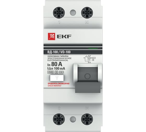 Устройство защитного отключения EKF, селективное, электромеханическое, 2P, 80А/100мА, PROxima SQelcb-2-80-100S-em-pro