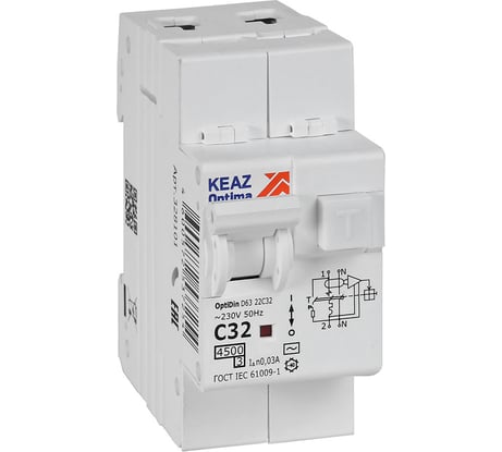 Автоматический выключатель дифференциального тока АВДТ с защитой от сверхтоков КЭАЗ OptiDin D63-22C32-AC-У3 (2P, C32, 30mA, 4,5кА) 328101
