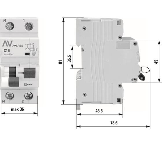 Дифференциальный автомат EKF DVA-6 1P+N 63А 100мА 6кА AVERES SQrcbo*6-1pn-63C-100-a-av