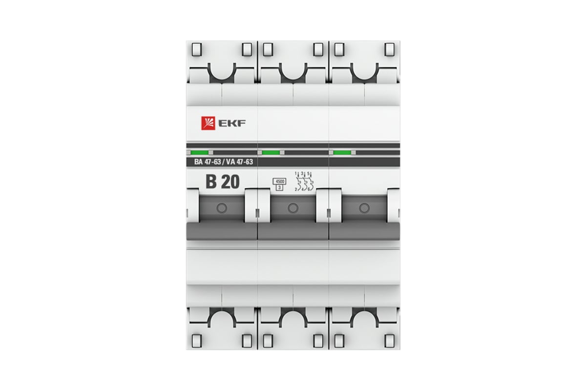 Автоматический выключатель EKF 3P 20А (B) 4.5kA ВА 47-63 PROxima  mcb4763-3-20B-pro - выгодная цена, отзывы, характеристики, 1 видео, фото -  купить в Москве и РФ