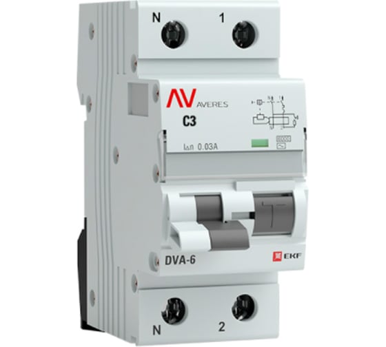 Дифференциальный автомат EKF AVERES DVA-6, 1P+N, 3А, 30мА, 6кА SQ rcbo*6-1pn-3C-30-ac-av 1
