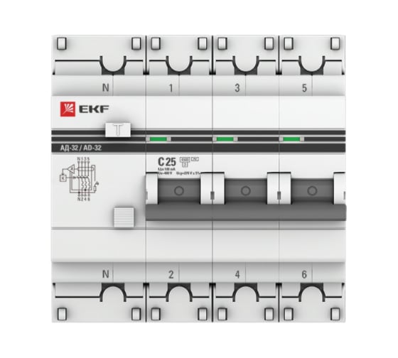 Дифференциальный автомат EKF PROxima АД-32, 3P+N, 25А/100мА, 4,5кА DA32-25-100-4P-pro