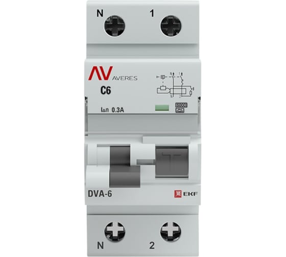 Дифференциальный автомат EKF DVA-6 1P+N 6А 300мА 6кА AVERES rcbo6-1pn-6C-300-a-av