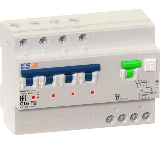 Автоматический выключатель дифференциального тока КЭАЗ с защитой от сверхтоков OptiDin VD63-43C20-AS-УХЛ4 (4P, C20, 100mA) 342530 1