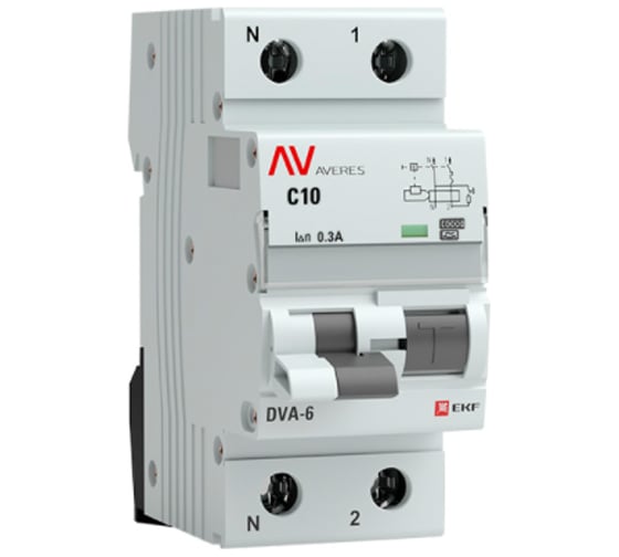 Дифференциальный автомат EKF AVERES DVA-6, 1P+N, 10А, 300мА, 6кА rcbo6-1pn-10C-300-a-av 1