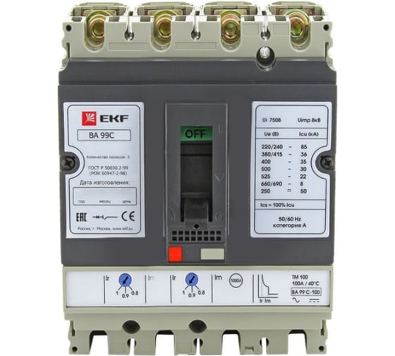 Автоматический выключатель EKF PROxima ВА-99C, 100/ 80А, 3P+N, 36кА mccb99C-100-80+N