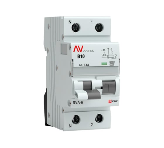 Дифференциальный автомат EKF AVERES DVA-6, 1P+N, 10А, 100мА, 6кА, SQ rcbo*6-1pn-10B-100-a-av