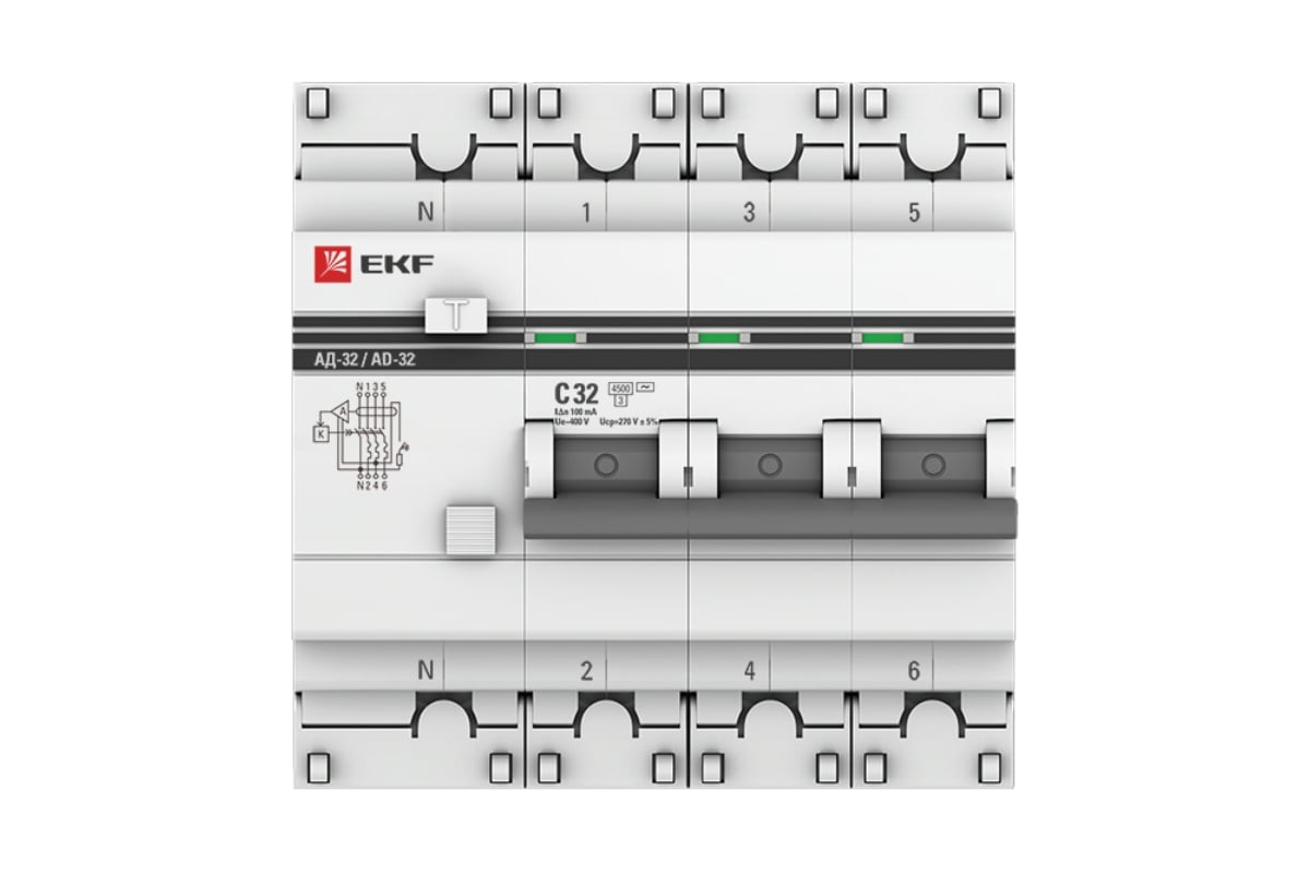 Дифференциальный автомат EKF АД-32 3P+N 32А/100мА 4,5кА PROxima DA32-32 ...