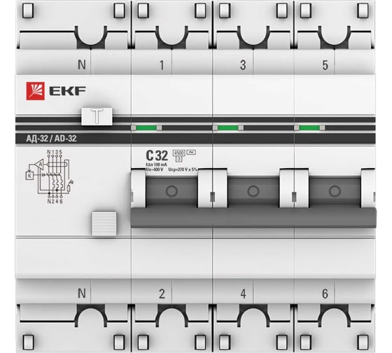 Дифференциальный автомат EKF АД-32 3P+N 32А/100мА 4,5кА PROxima DA32-32-100-4P-pro