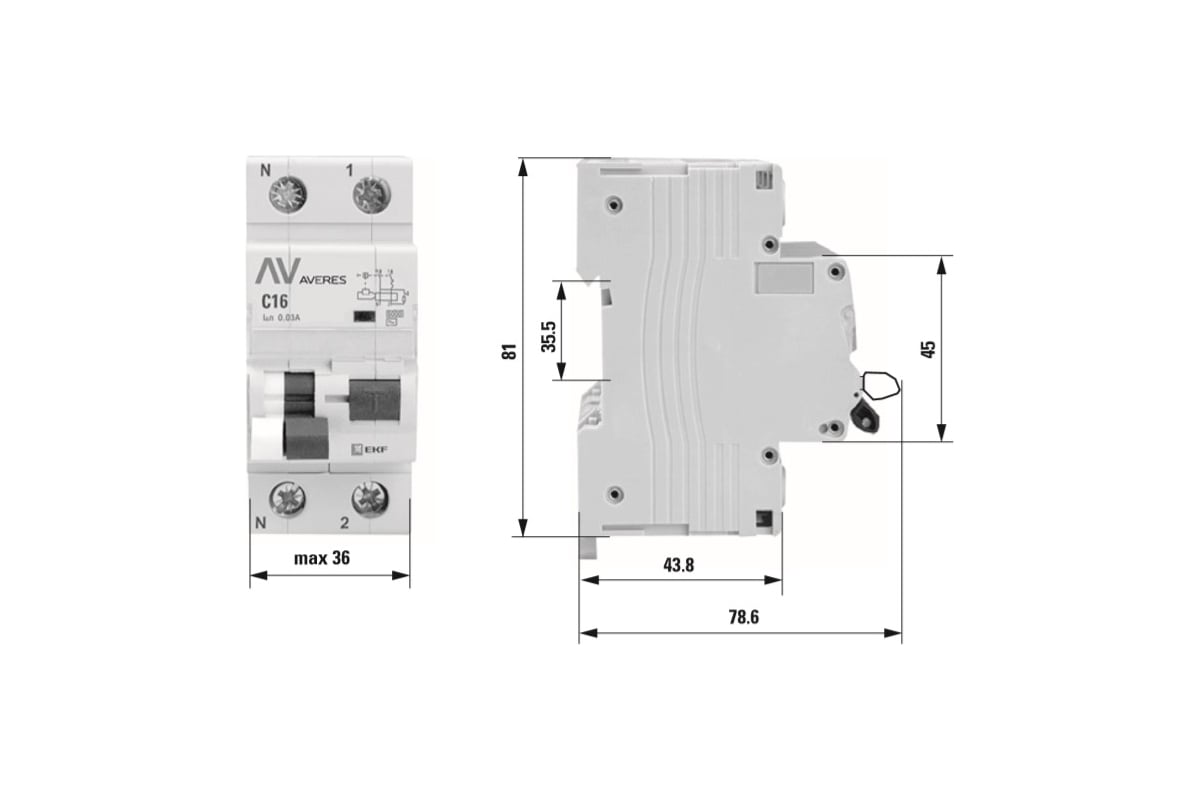 Дифференциальный автомат EKF DVA-6 1P+N 32А 30мА 6кА AVERES rcbo6-1pn ...