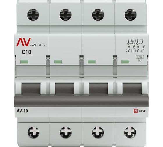 Автоматический выключатель EKF AV-6, 4P, 10A, 6kA, AVERES mcb6-4-10C-av