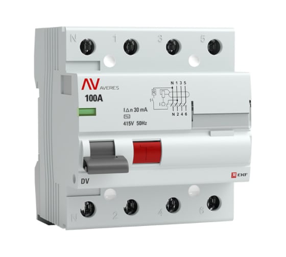 Устройство защитного отключения EKF AVERES DV, 4P, 100А/30мА, AC rccb-4-100-30-ac-av 1