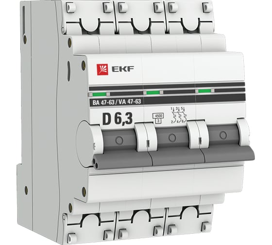 Автоматический выключатель EKF 3P, 6.3А, 4.5kA, ВА 47-63 PROxima mcb4763-3-6.3D-pro