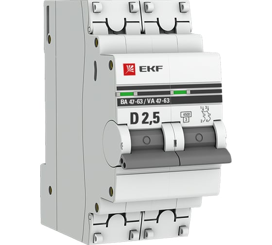 Автоматический выключатель EKF ВА 47-63 2P, 2,5А, 4,5kA, PROxima mcb4763-2-2.5D-pro