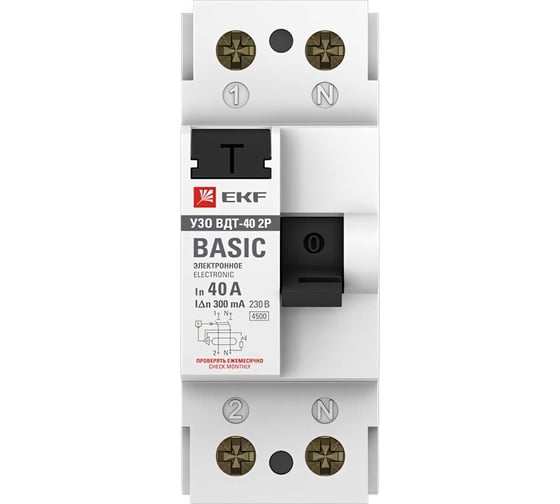 Устройство защитного отключения EKF УЗО ВДТ-40 2P 40А/300мА электронное Basic elcb-2-40-300e-sim