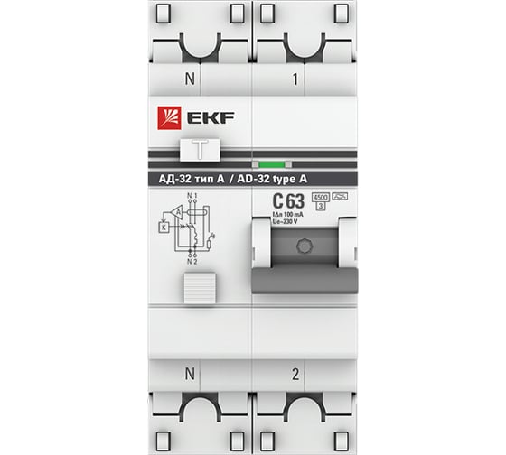 Дифференциальный автомат EKF АД-32, 1P+N, 63А/100мА, PROxima DA32-63-100-a-pro