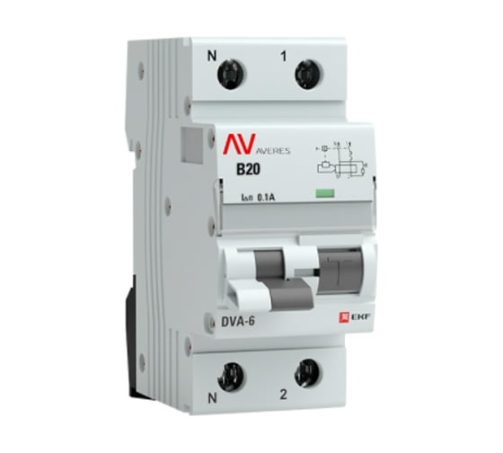 Дифференциальный автомат EKF AVERES DVA-6, 1P+N, 20А, 100мА, 6кА, SQ rcbo*6-1pn-20B-100-ac-av