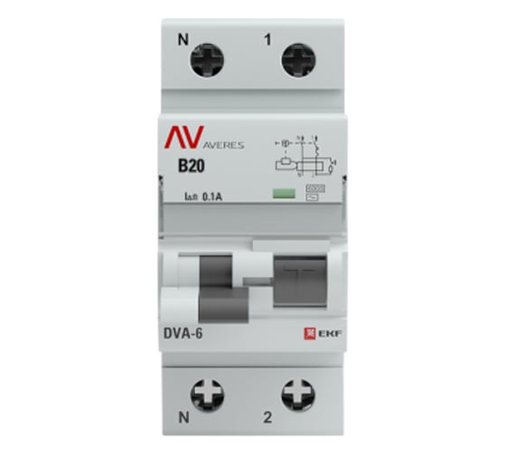 Дифференциальный автомат EKF AVERES DVA-6, 1P+N, 20А, 100мА, 6кА, SQ rcbo*6-1pn-20B-100-ac-av