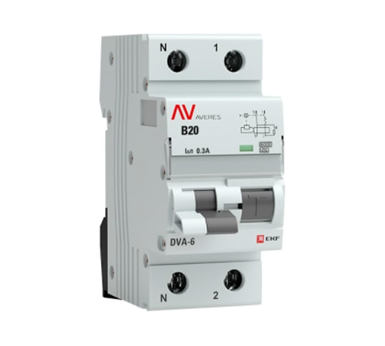 Дифференциальный автомат EKF AVERES DVA-6, 1P+N, 20А, 300мА, 6кА, SQ rcbo*6-1pn-20B-300-a-av