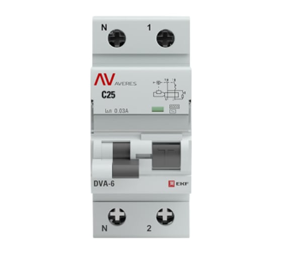 Дифференциальный автомат EKF AVERES DVA-6, 1P+N, 25А, 30мА, 6кА, SQ rcbo*6-1pn-25C-30-ac-av