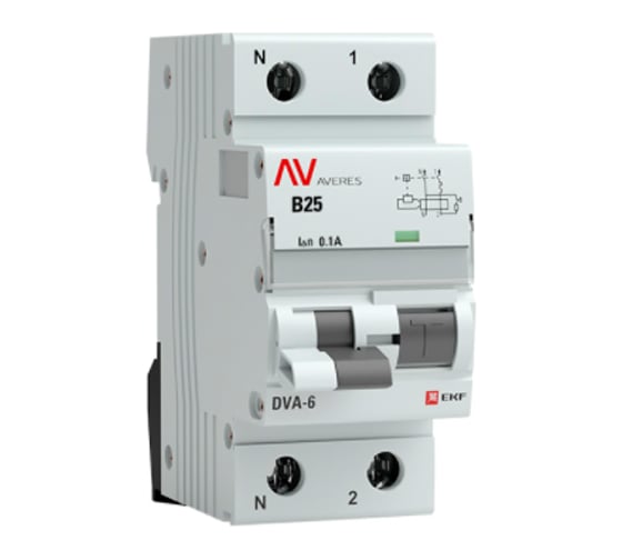 Дифференциальный автомат EKF AVERES DVA-6, 1P+N, 25А, 100мА, 6кА, SQ rcbo*6-1pn-25B-100-ac-av