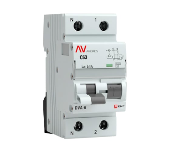 Дифференциальный автомат EKF AVERES DVA-6, 1P+N, 63А, 100мА, 6кА, SQ rcbo*6-1pn-63C-100-ac-av