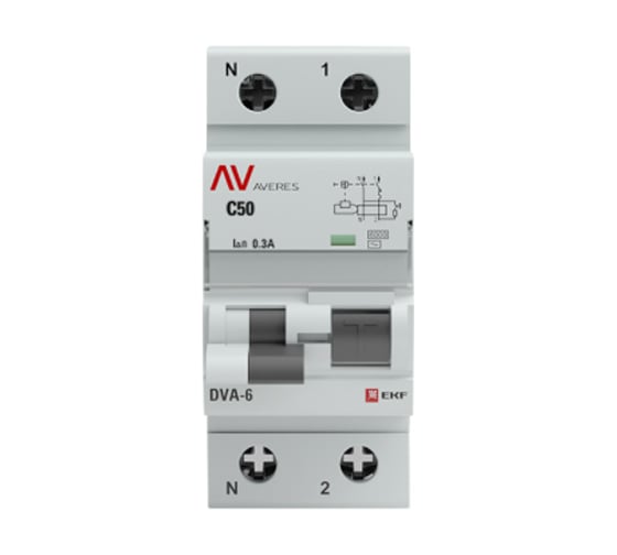 Дифференциальный автомат EKF AVERES DVA-6, 1P+N, 50А, 300мА, 6кА, SQ rcbo*6-1pn-50C-300-ac-av