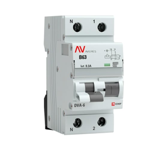 Дифференциальный автомат EKF AVERES DVA-6, 1P+N, 63А, 300мА, 6кА, SQ rcbo6-1pn-63B-300-a-av 1