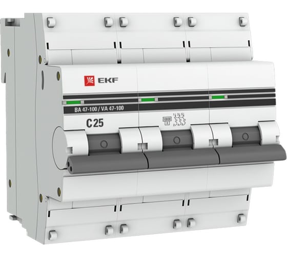 Автоматический выключатель EKF 3P 25А 10kA ВА 47-100 PROxima mcb47100-3-25C-pro 1