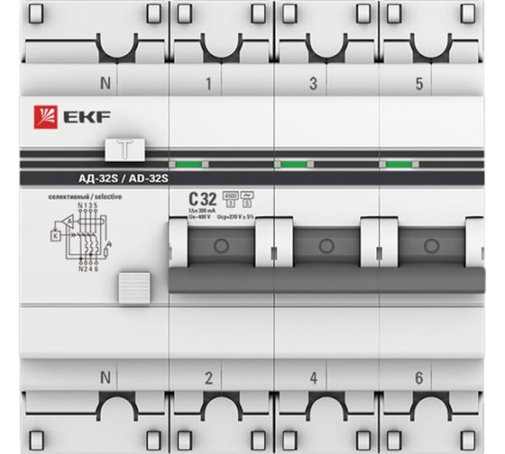 Дифференциальный автомат EKF АД-32 (селективный) 3P+N 32А/300мА PROxima DA32-32-300S-4P-pro 16209074