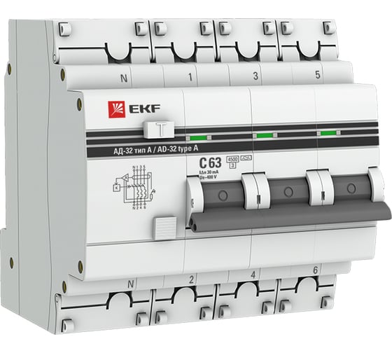 Дифференциальный автомат EKF, АД-32, 3P+N, 63А/30мА, PROxima, SQ DA32-63-30-4P-a-pro